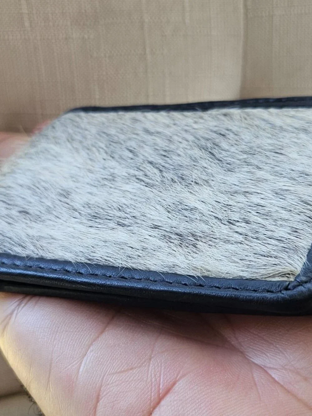 Handmade Billfold Real Fur White/Black Genuine Leather Cardholder Wallet Purse